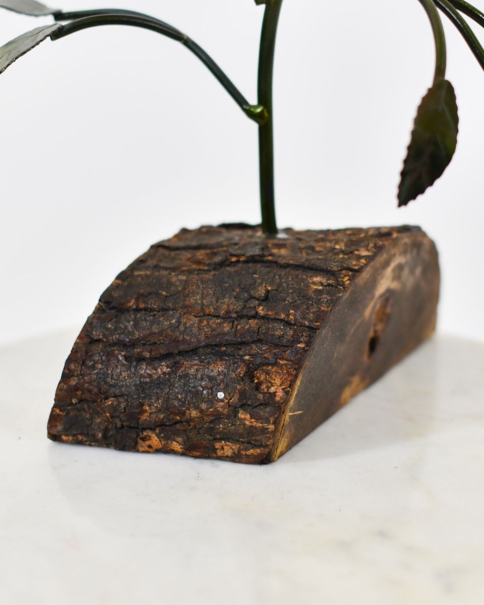 Twin bloom Upcycled Steel Botanical Sculpture in Wooden Base - Pink close up of base