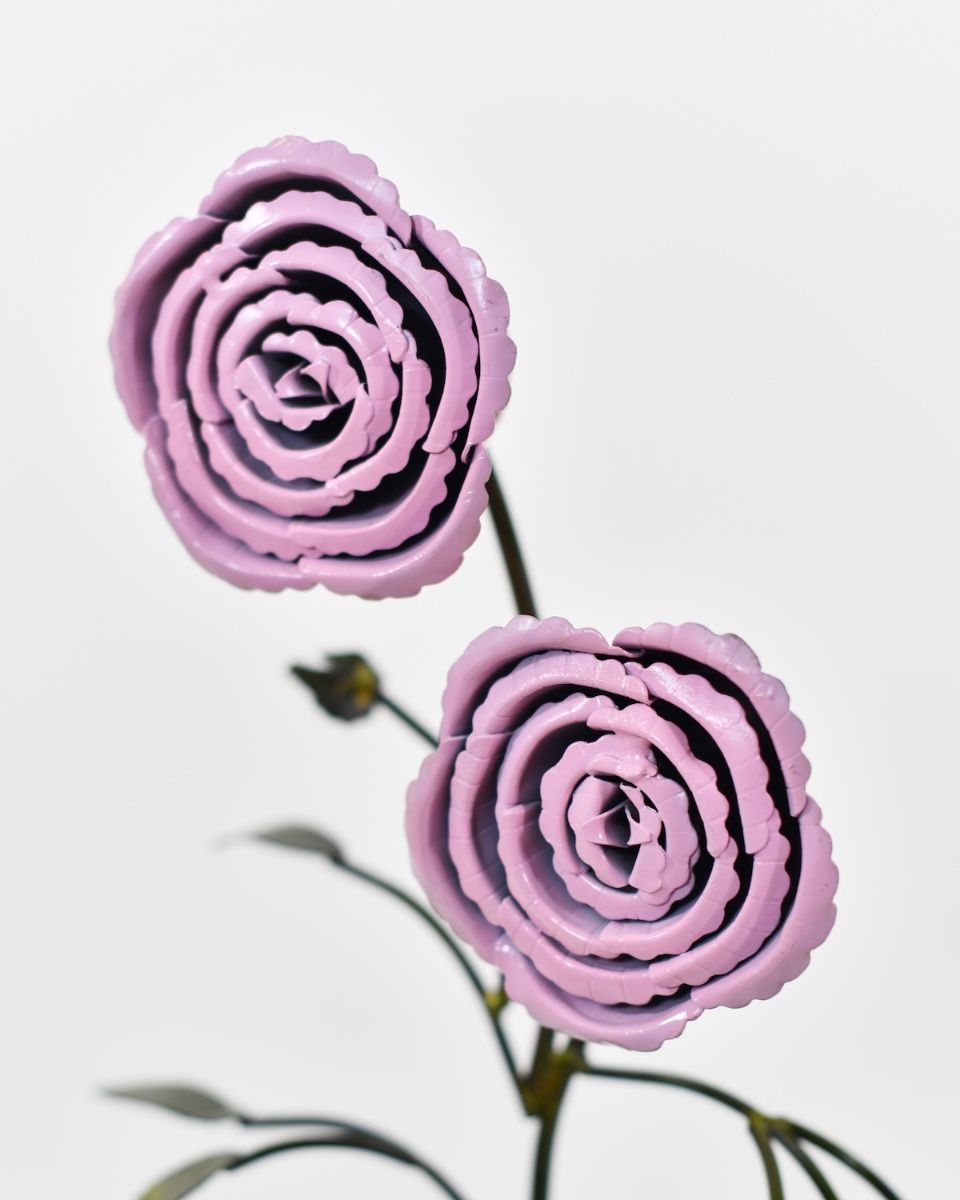 Twin bloom Upcycled Steel Botanical Sculpture in Wooden Base - Pink angled shot of flowers