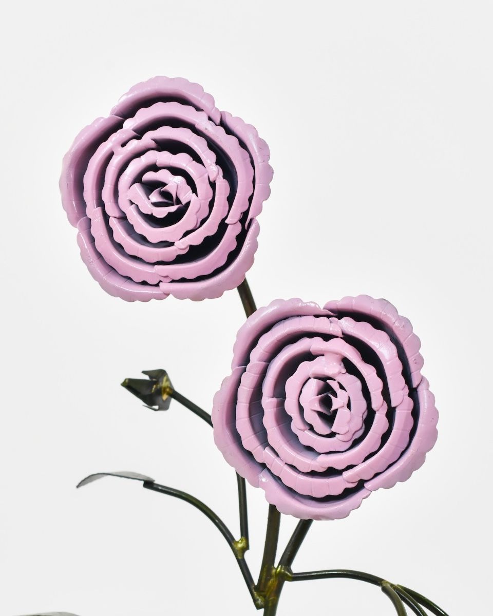 Twin bloom Upcycled Steel Botanical Sculpture in Wooden Base - Pink close up of flowers