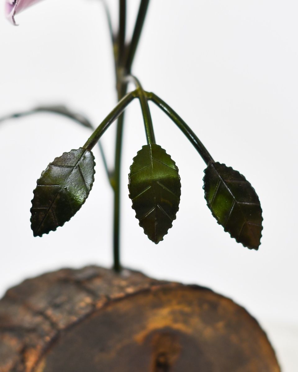 Twin bloom Upcycled Steel Botanical Sculpture in Wooden Base - Pink close up of leaves