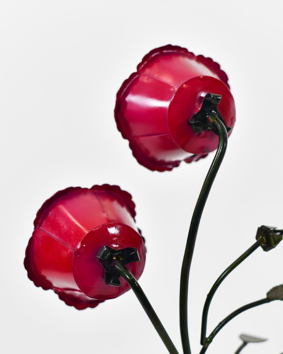 Twin bloom Upcycled Steel Botanical Sculpture in Wooden Base - Red close up of back of flower
