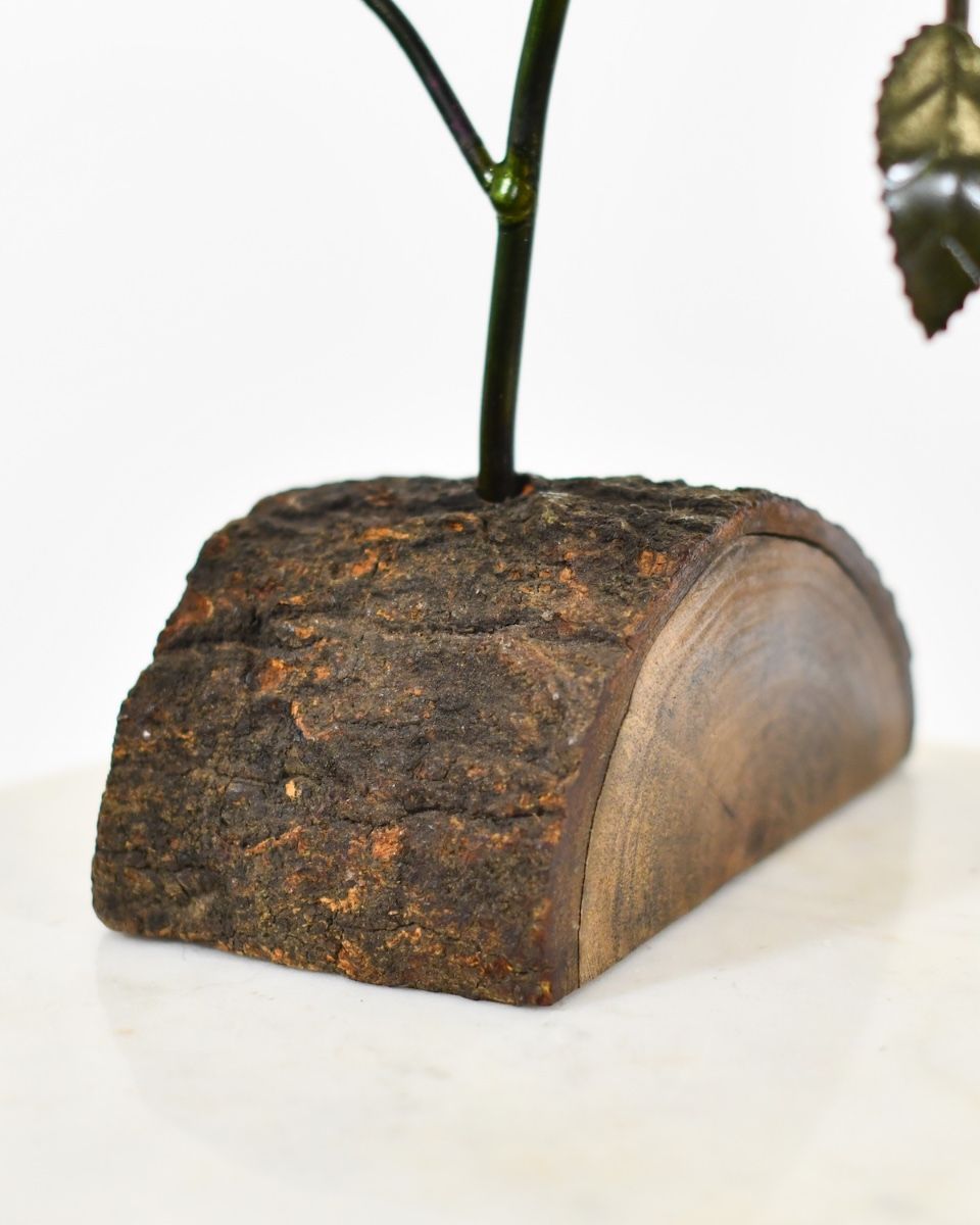 Twin bloom Upcycled Steel Botanical Sculpture in Wooden Base - Red close up of base