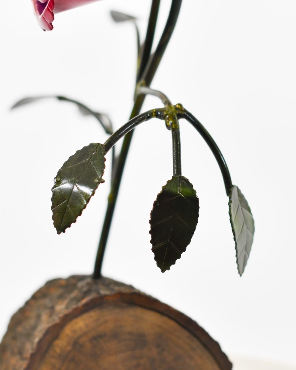 Twin bloom Upcycled Steel Botanical Sculpture in Wooden Base - Red leaves close up