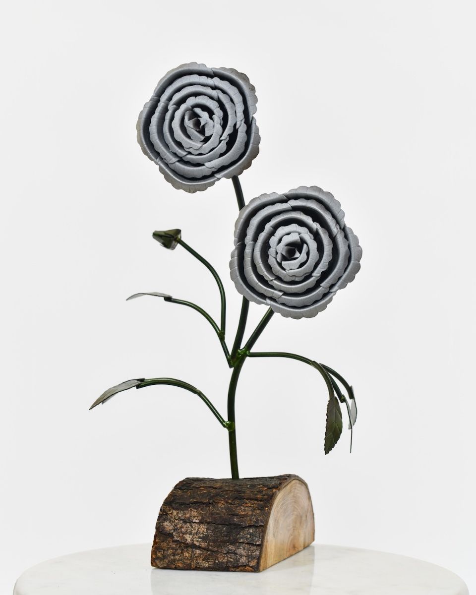 Twin bloom Upcycled Steel Botanical Sculpture in Wooden Base - Silver