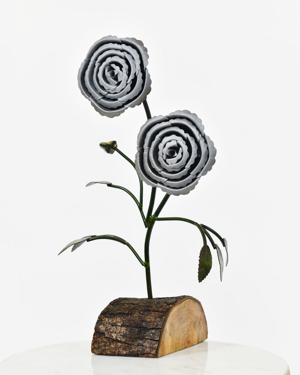 Twin bloom Upcycled Steel Botanical Sculpture in Wooden Base - Silver angled view