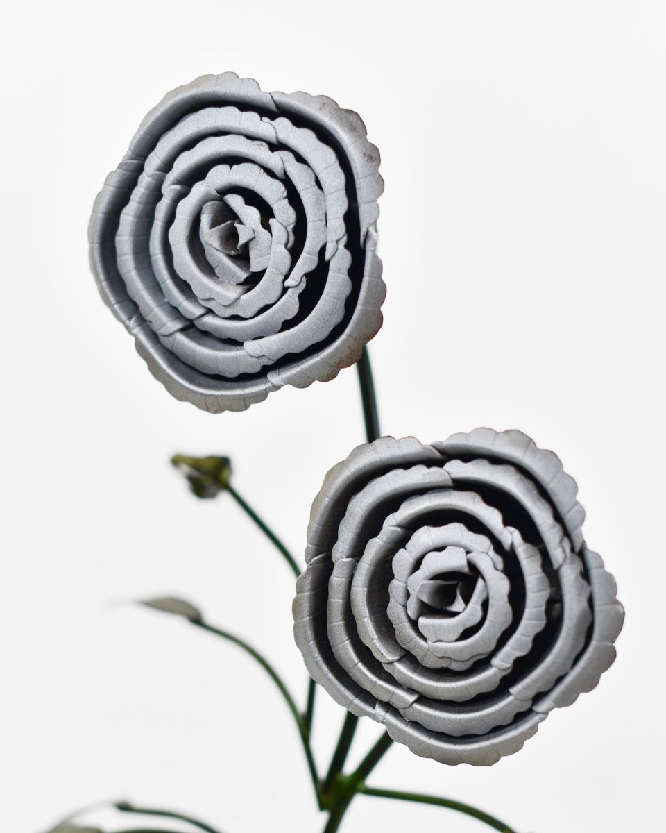Twin bloom Upcycled Steel Botanical Sculpture in Wooden Base - Silver close up of flowers