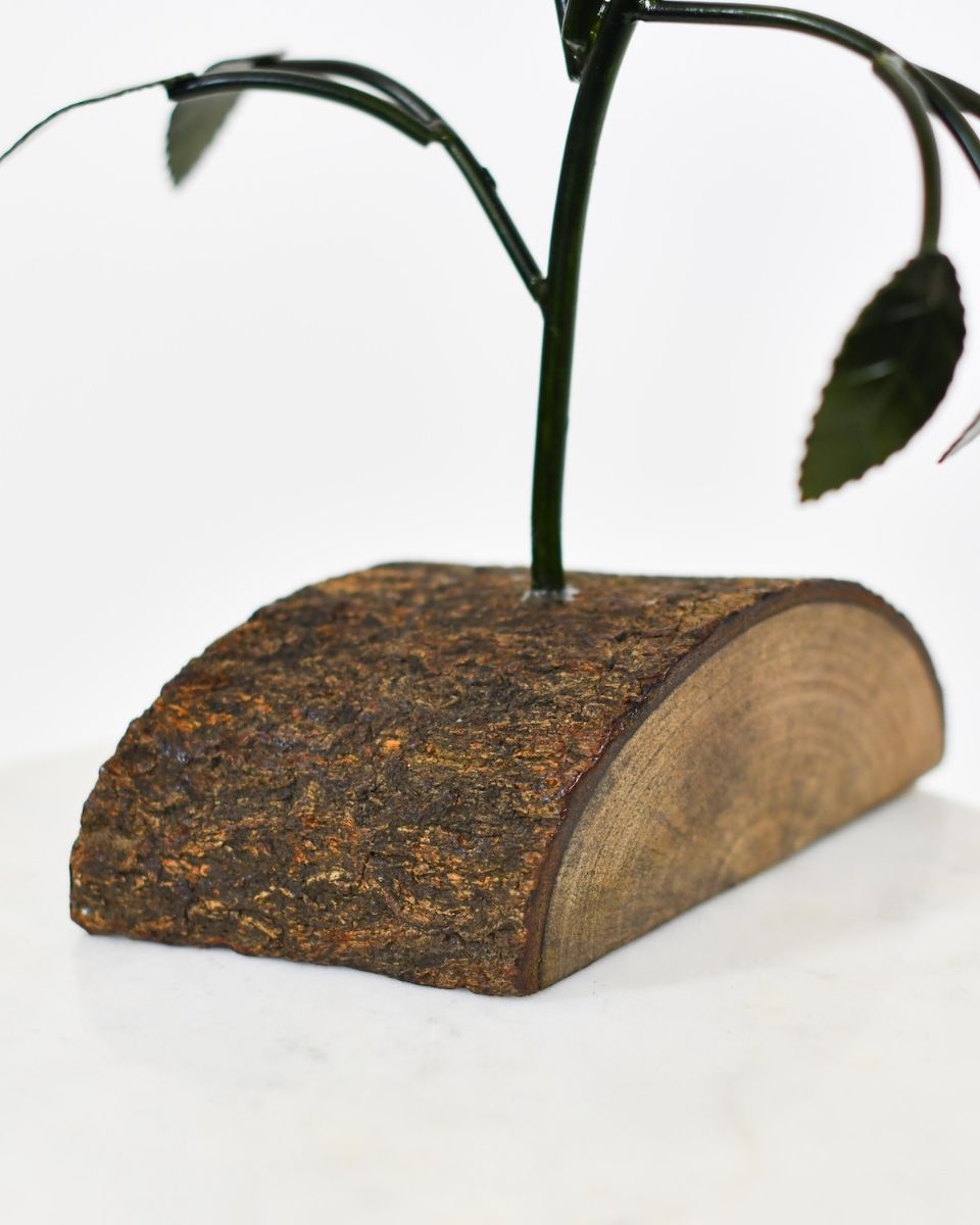 Twin bloom Upcycled Steel Botanical Sculpture in Wooden Base -Green base close up
