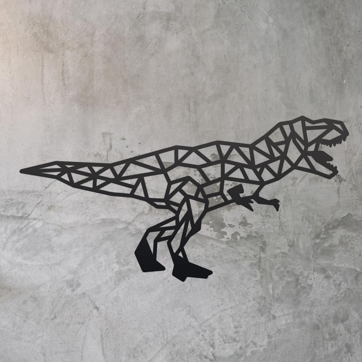 Geometric Iron T-Rex Wall Art on a Rustic Wall Geometric Iron T-Rex Wall Art on a Rustic Wall