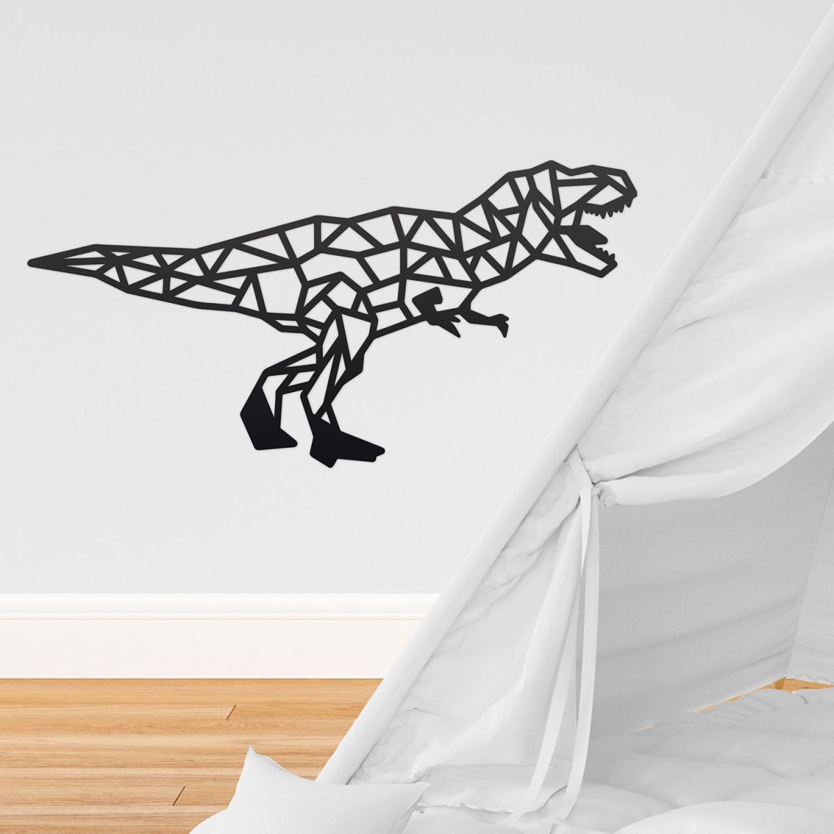 Geometric Iron T-Rex Wall Art in Situ in a Children"s Play Room Geometric Iron T-Rex Wall Art in Situ in a Children"s Play Room
