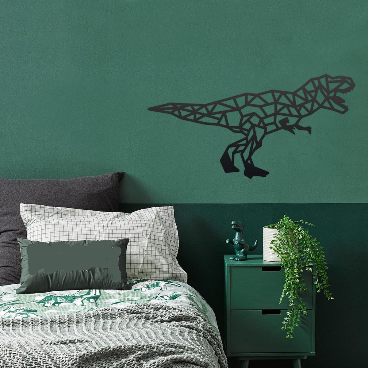 Geometric Iron T-Rex Wall Art in Situ in a Bedroom Geometric Iron T-Rex Wall Art in Situ in a Bedroom
