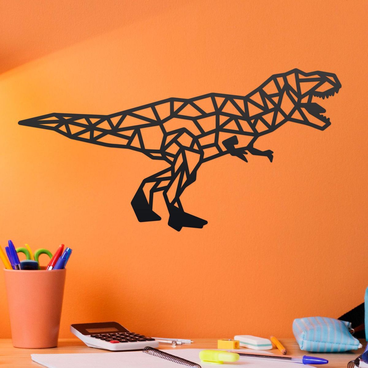 Geometric Iron T-Rex Wall Art on an Orange Wall Geometric Iron T-Rex Wall Art on an Orange Wall