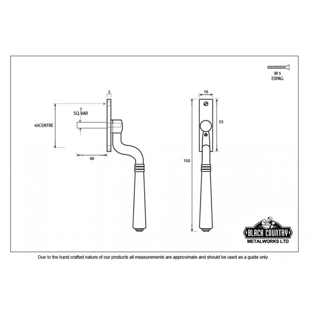 Regency Polished Chrome Teardrop Espagnolette Window Fastener - Technical Drawings