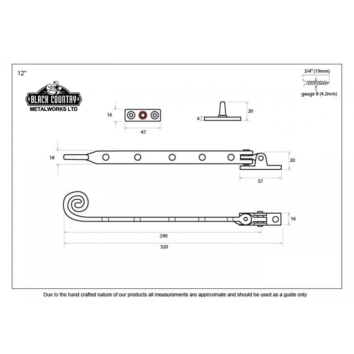 Handmade Monkeytail Window Stay Pewter 12" Handmade Monkeytail Window Stay Pewter 12"