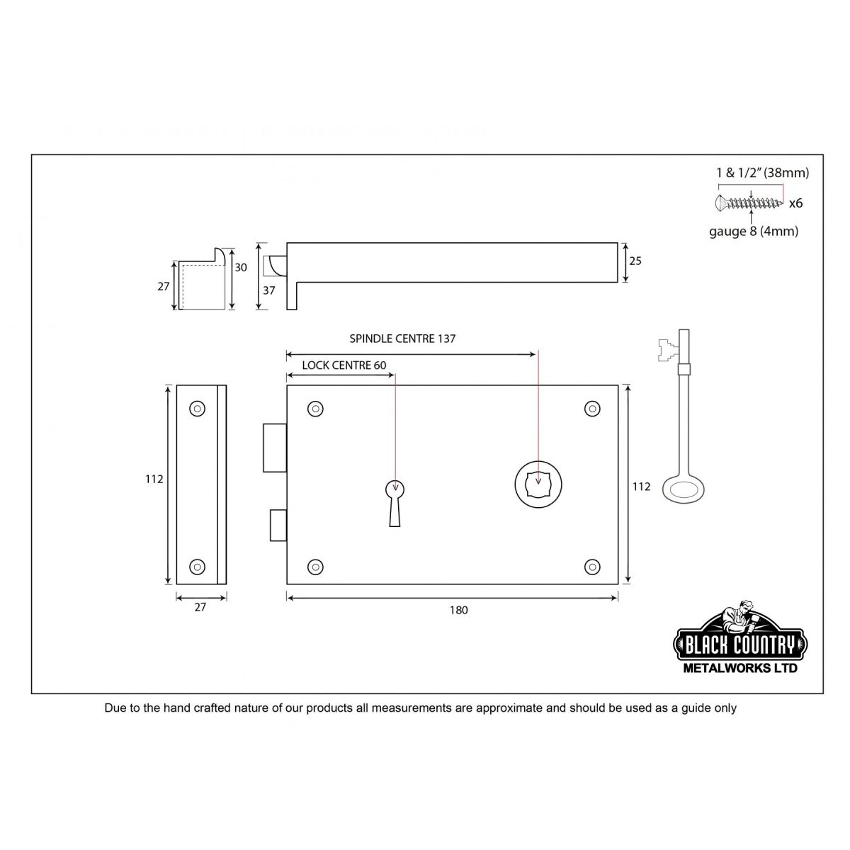 Large Polished Brass Rim Lock - Right Hand - Dimensions 