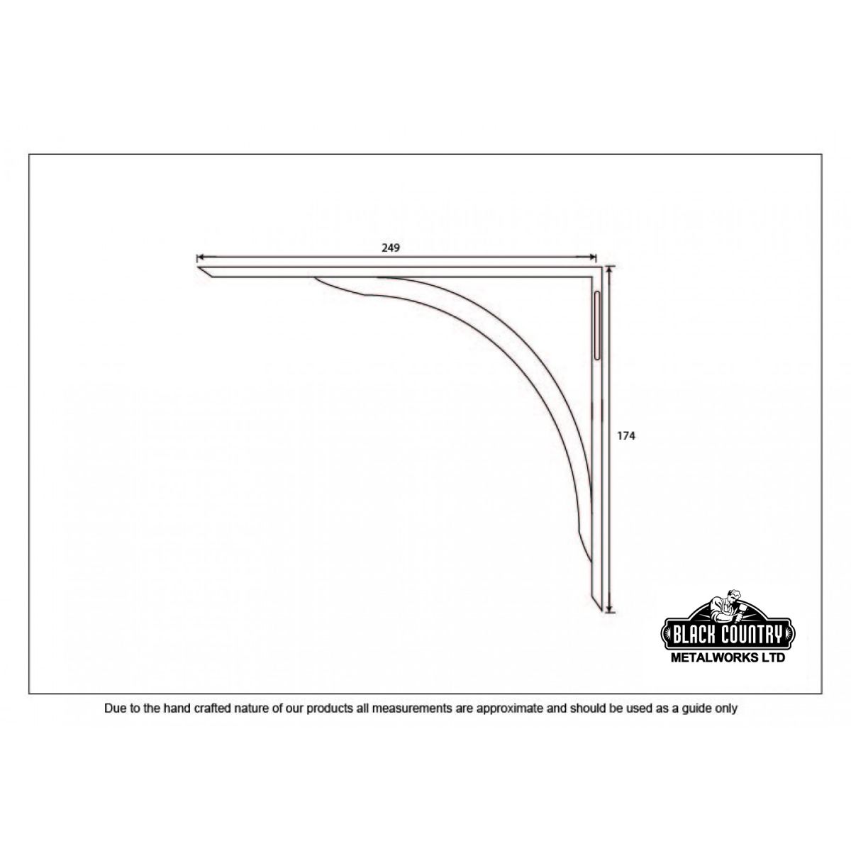 Curved Beeswax Curved Iron Shelf Bracket - Dimensions 