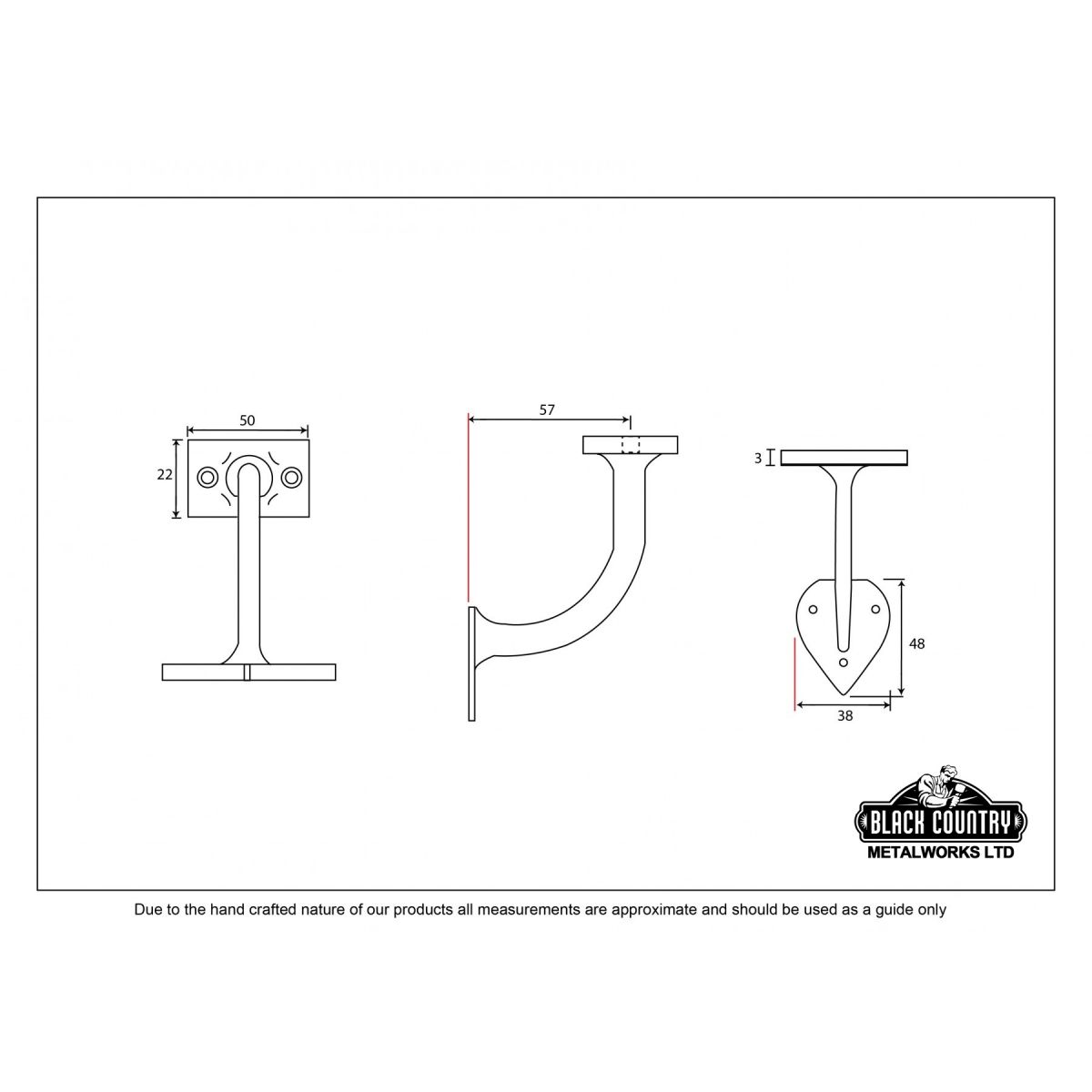 2 ½" Iron Handrail Bracket - Dimensions 