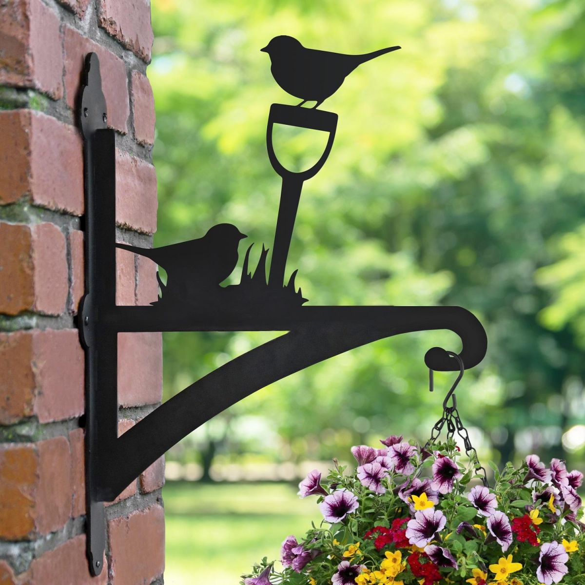 Robin on Garden Shovel Hanging Basket Bracket in Garden