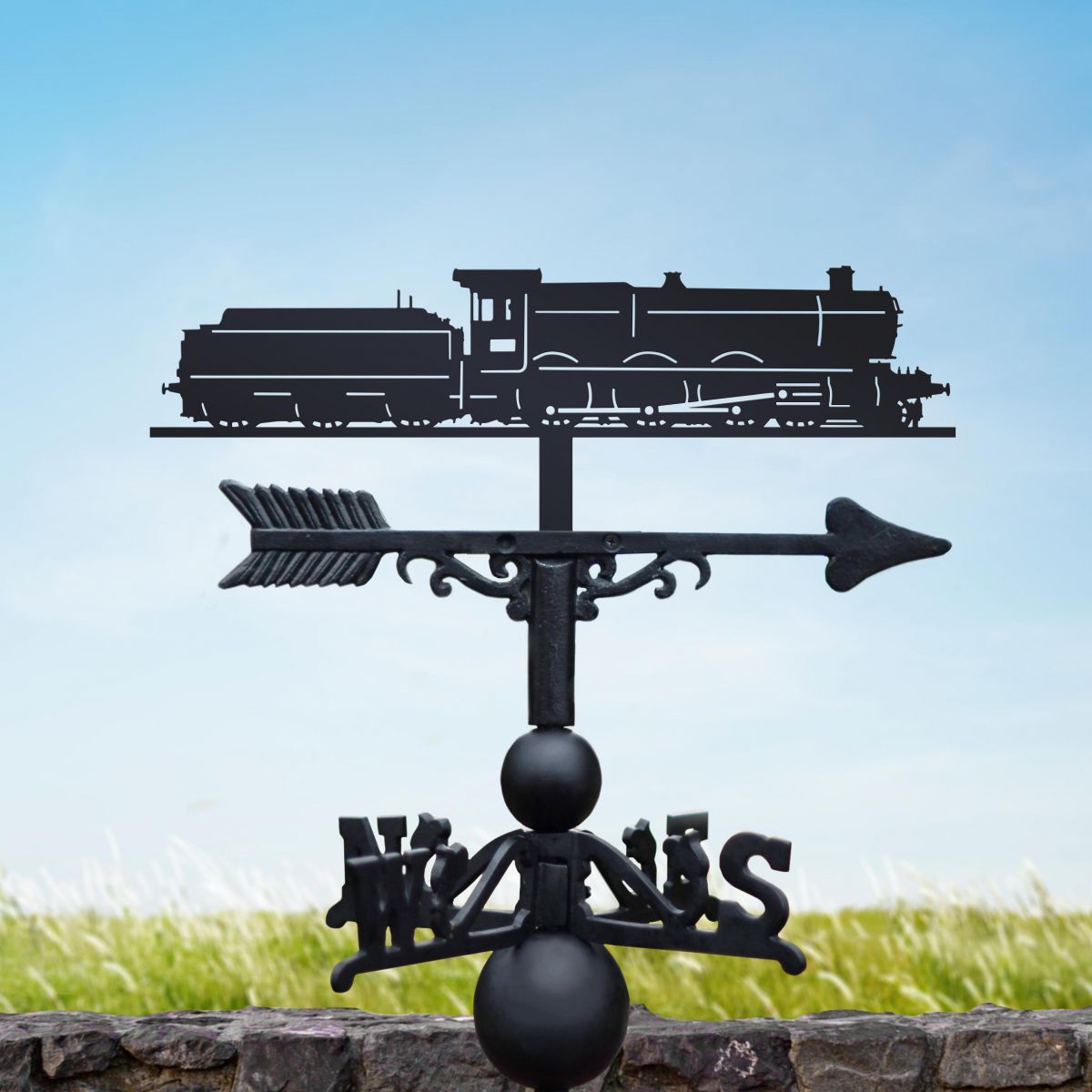 Black Weathervane with English Hall Class Steam Train Design Black Weathervane with English Hall Class Steam Train Design