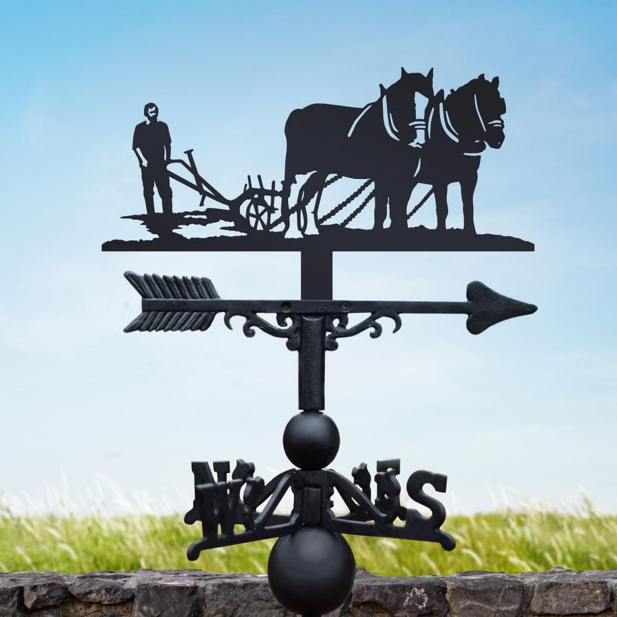 Cast Iron Black Horse-Drawn Plough Weathervane