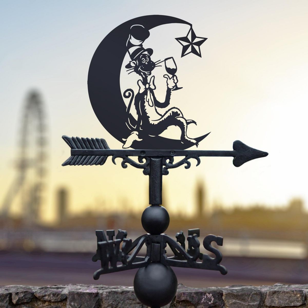 Cat in the Hat- Moon and Star Weathervane in Black Finish 