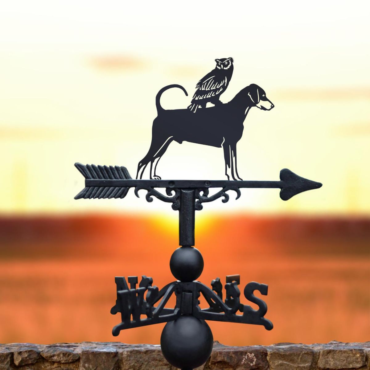 Cast Iron & Steel Dobermann & Owl Weathervane in Situ Cast Iron & Steel Dobermann & Owl Weathervane in Situ