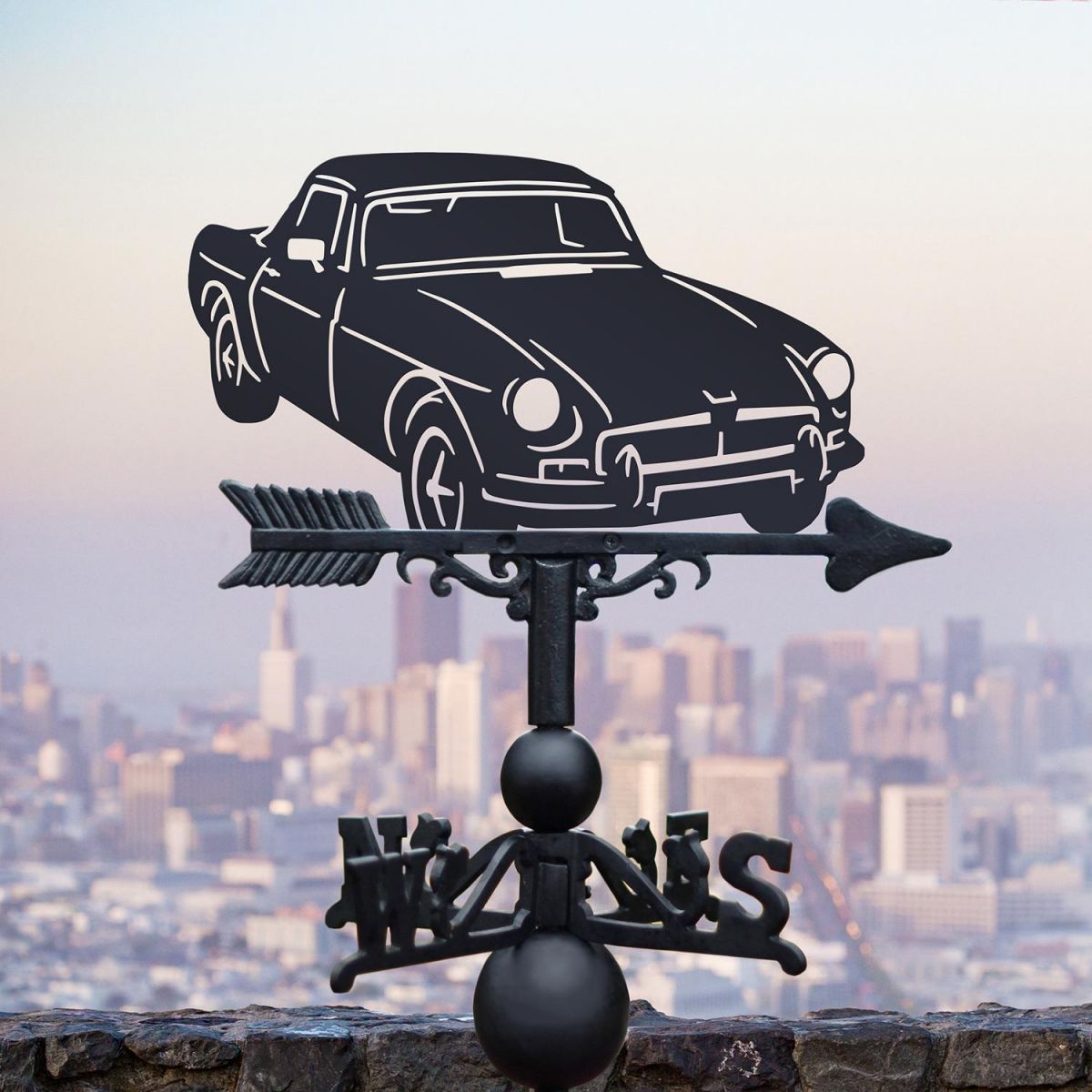 Black MGB Roadster Weathervane on city background