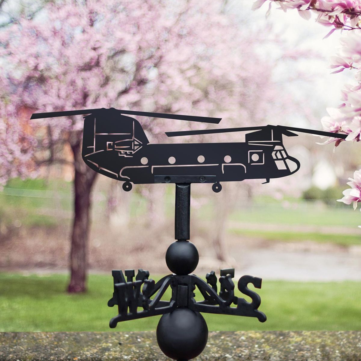 Chinook Helicopter Weathervane in Situ by Blossom Trees