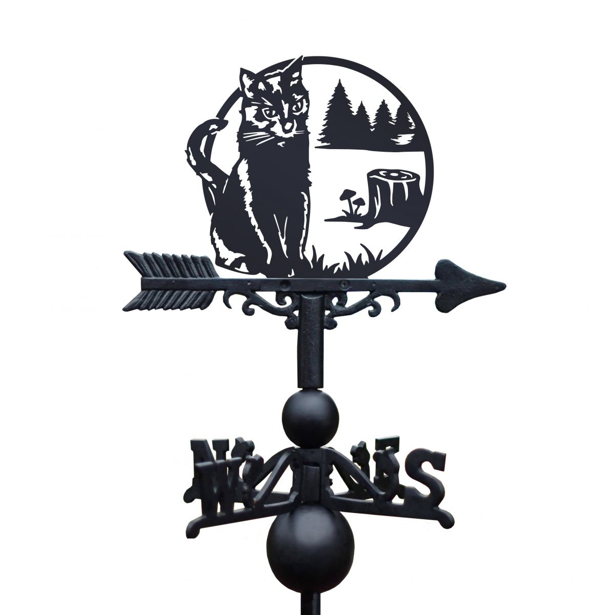 Stalking Cat in Alpine Trees Weathervane Created From Cast Iron Stalking Cat in Alpine Trees Weathervane Created From Cast Iron