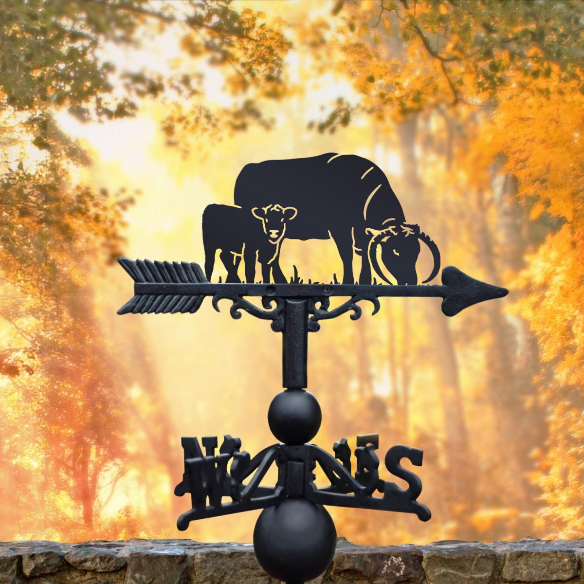 Cast Iron and Steel Weathervane with English Longhorn Cow & Calf Motif