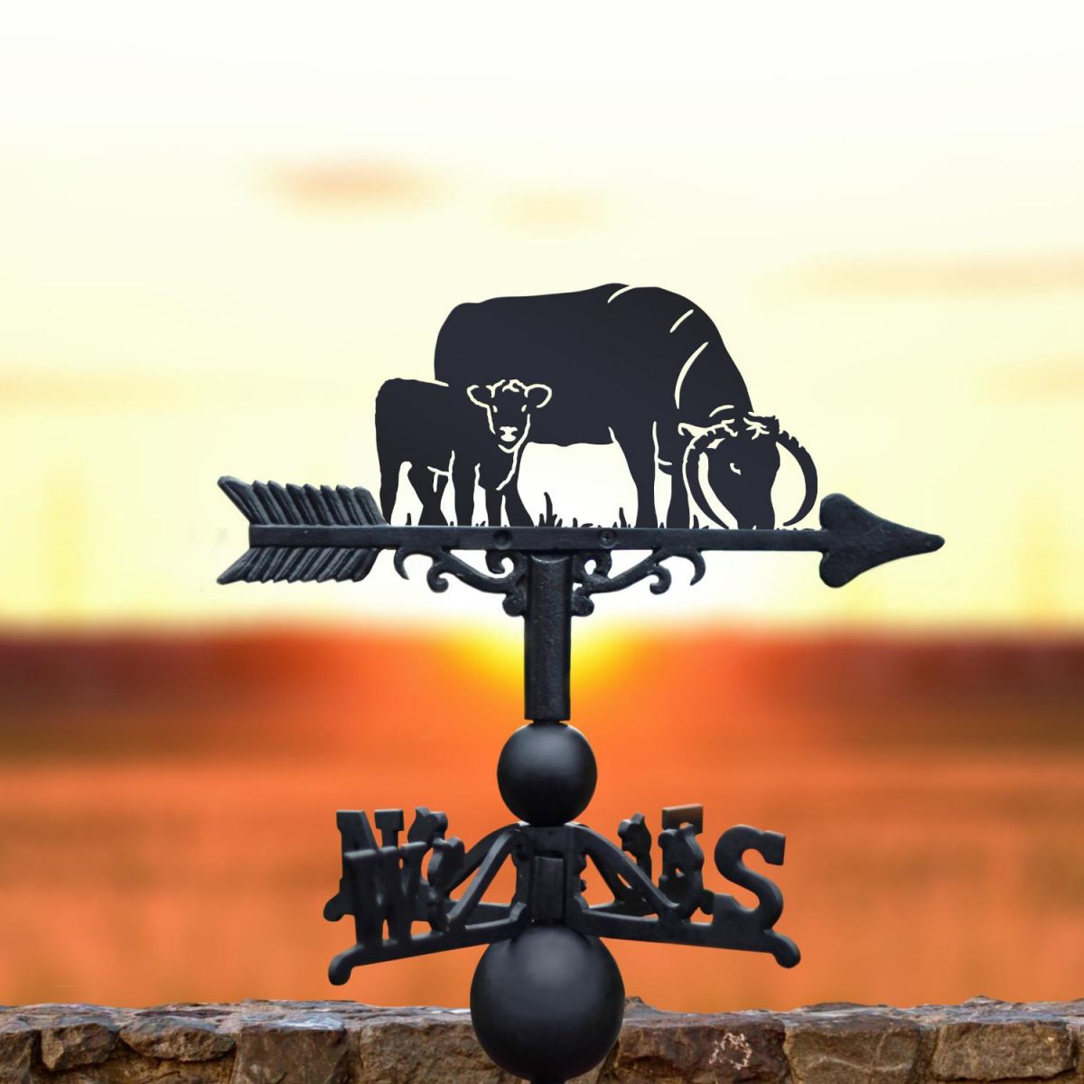 English Longhorn Cow & Calf Weathervane at Sunset