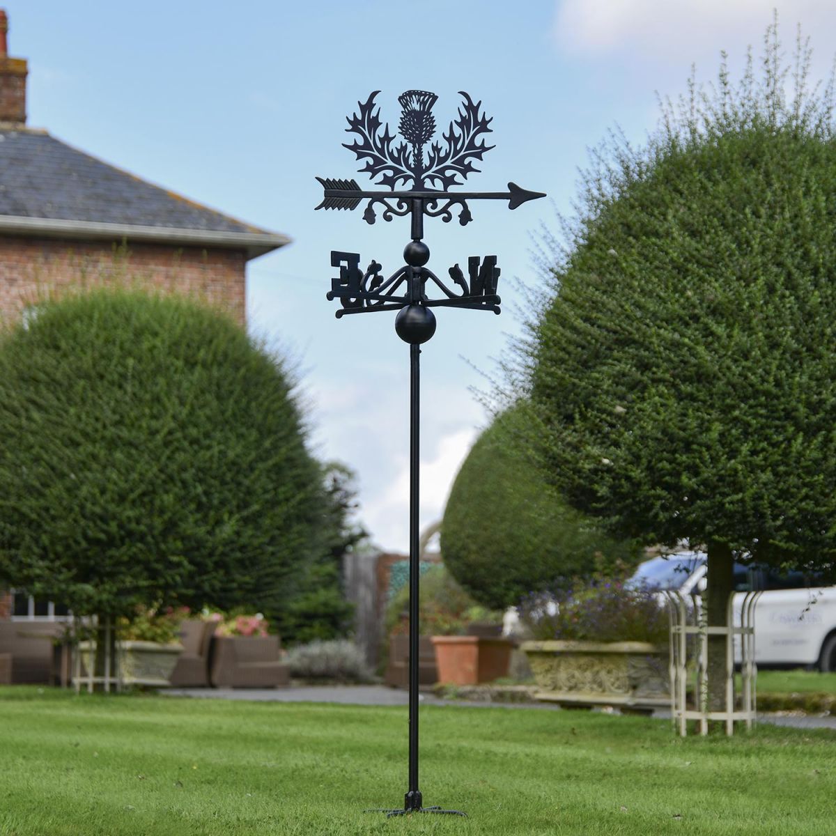 Scottish Thistle Free Standing Weathervane in Use in the Garden