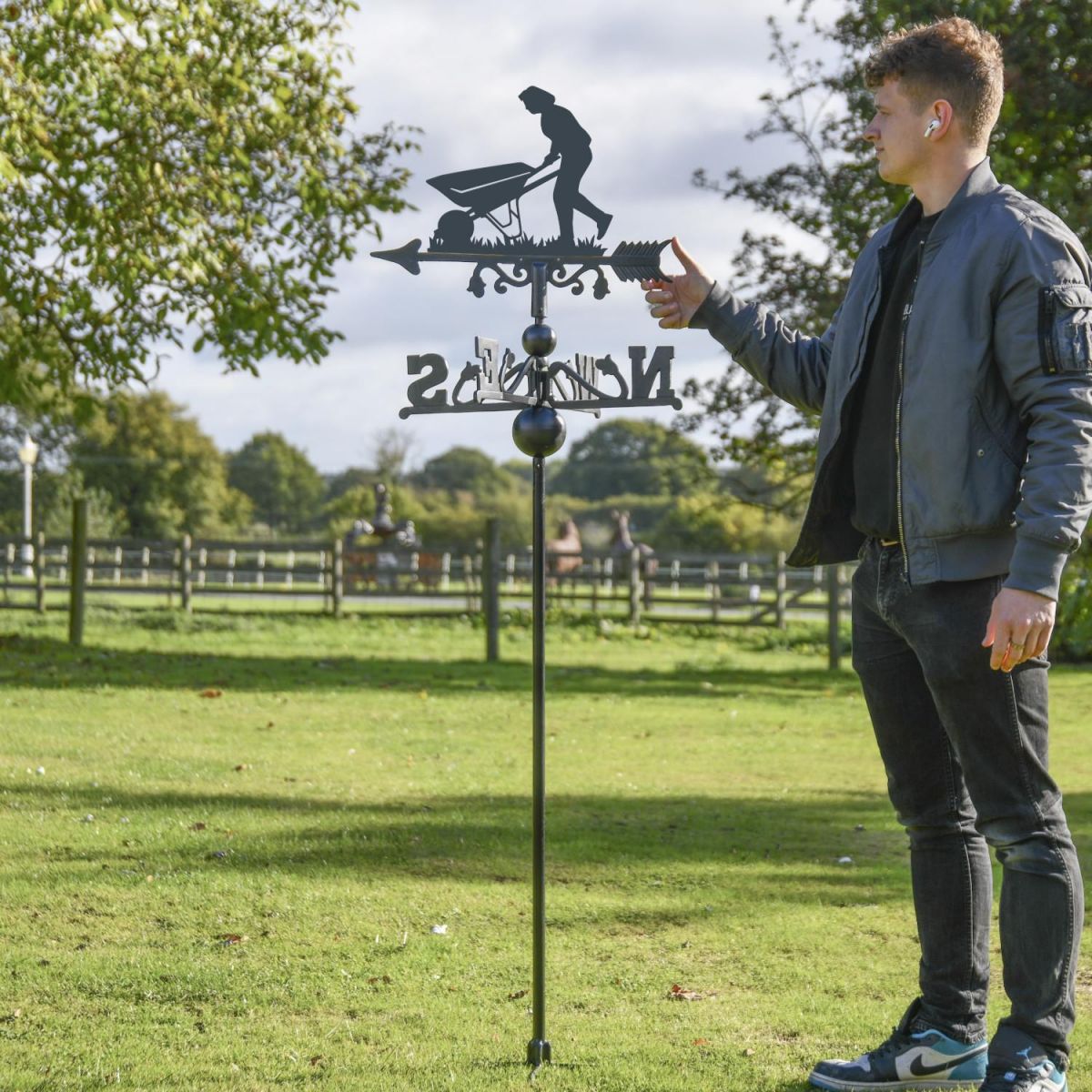 Wheelbarrow Gardener Free Standing Weathervane to Scale