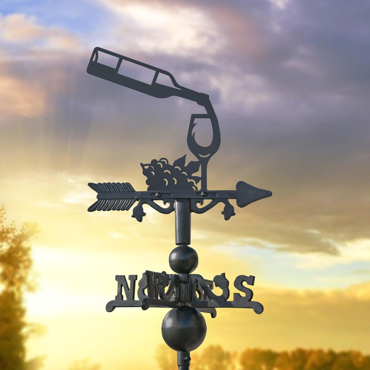 Wine Bottle & Glass Miniature Weathervane in situ Outdoors