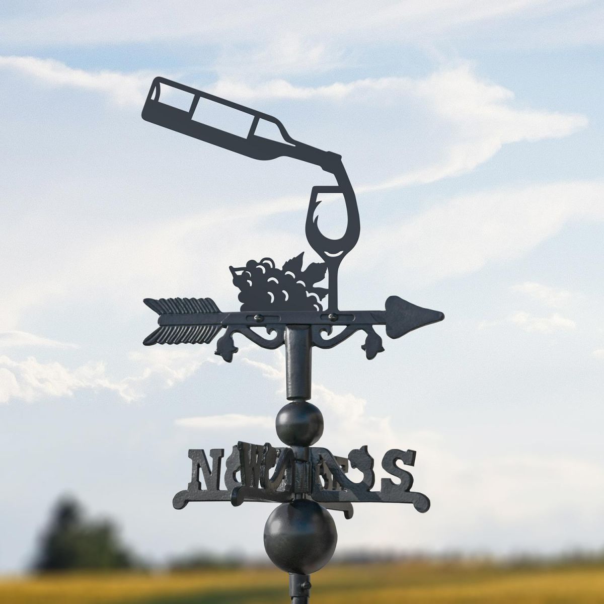 Wine Bottle & Glass Miniature Weathervane in Situ in a Field