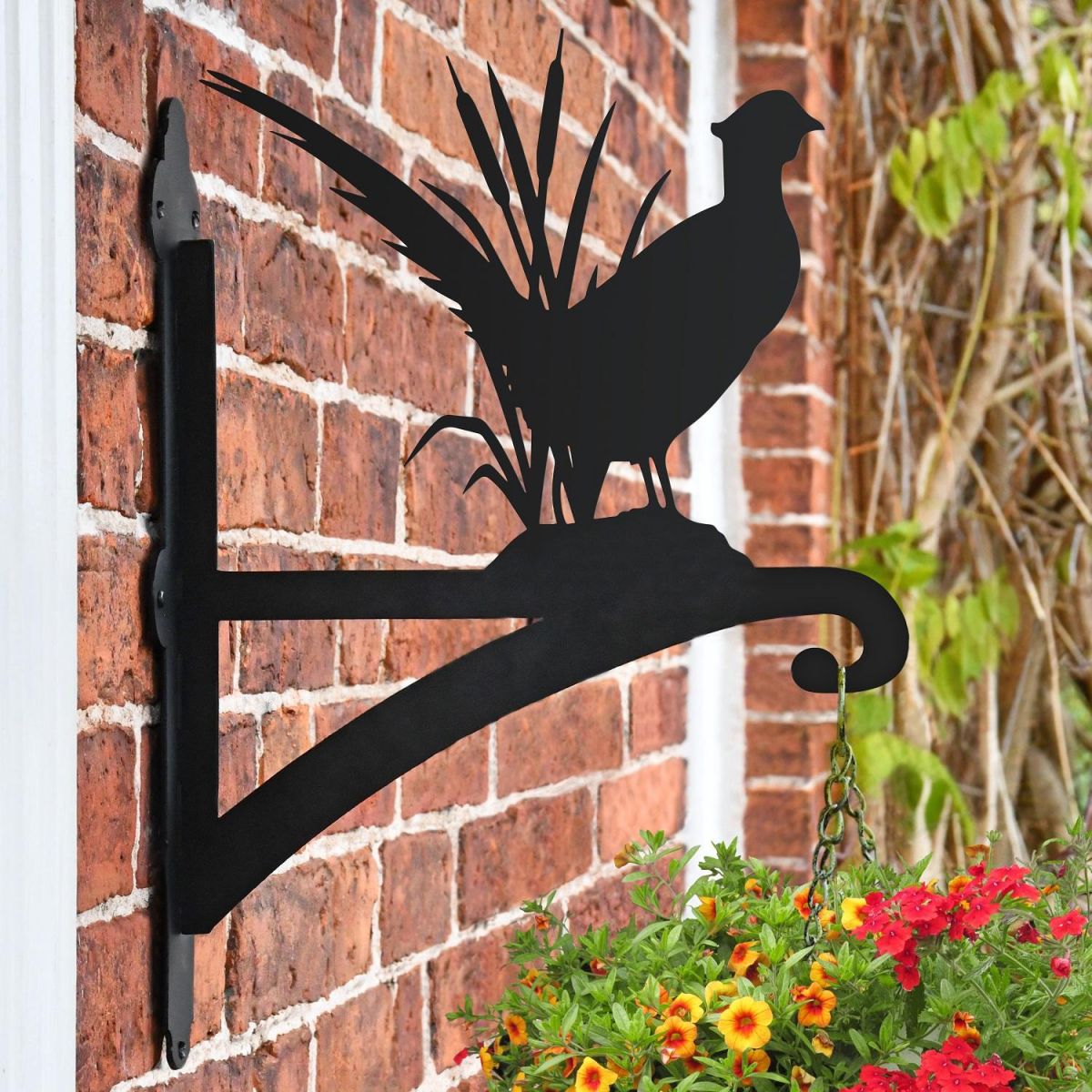 Pheasant Hanging Basket Bracket in Situ on a Brick Wall