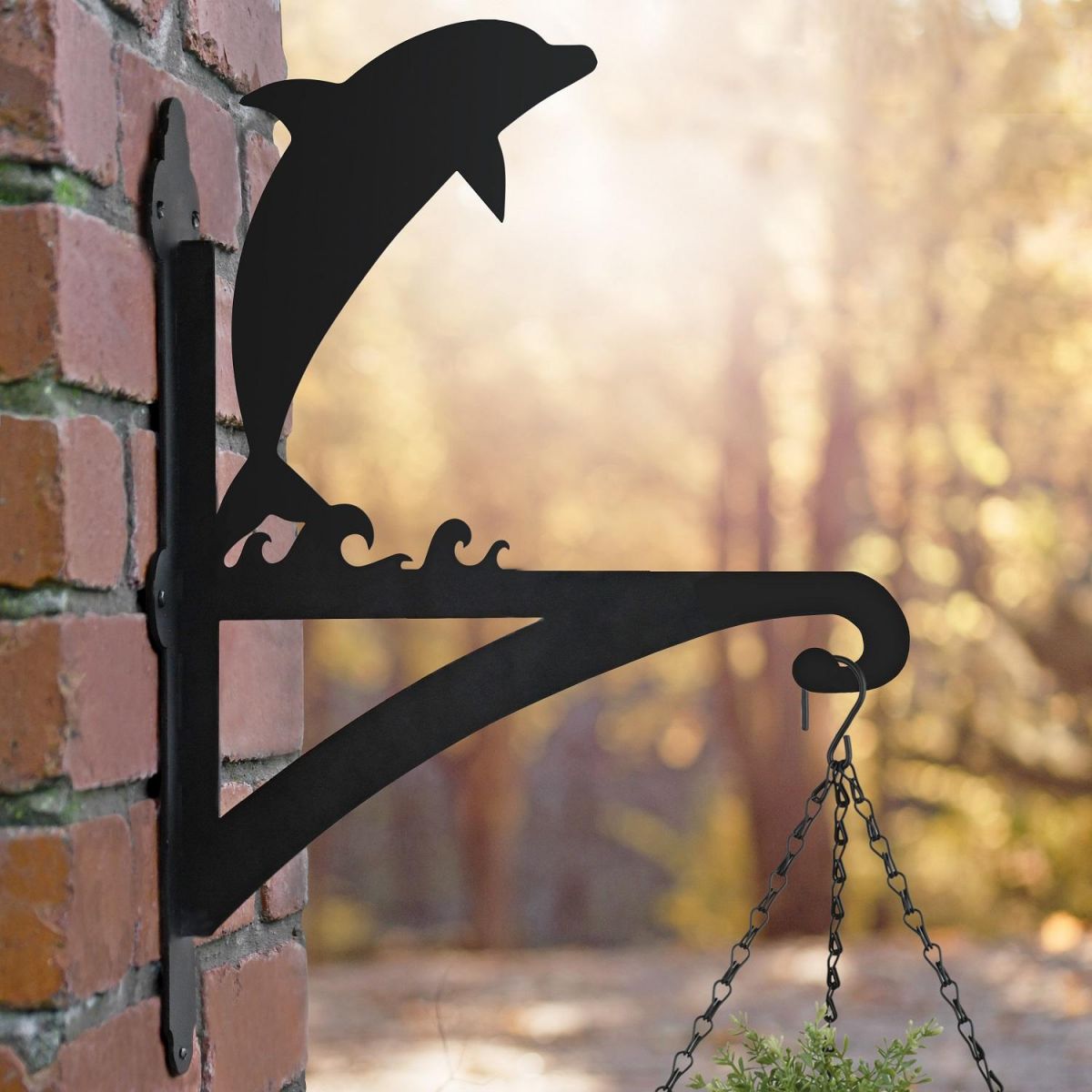 Dolphin Hanging Basket Bracket in Situ on a Brick Wall