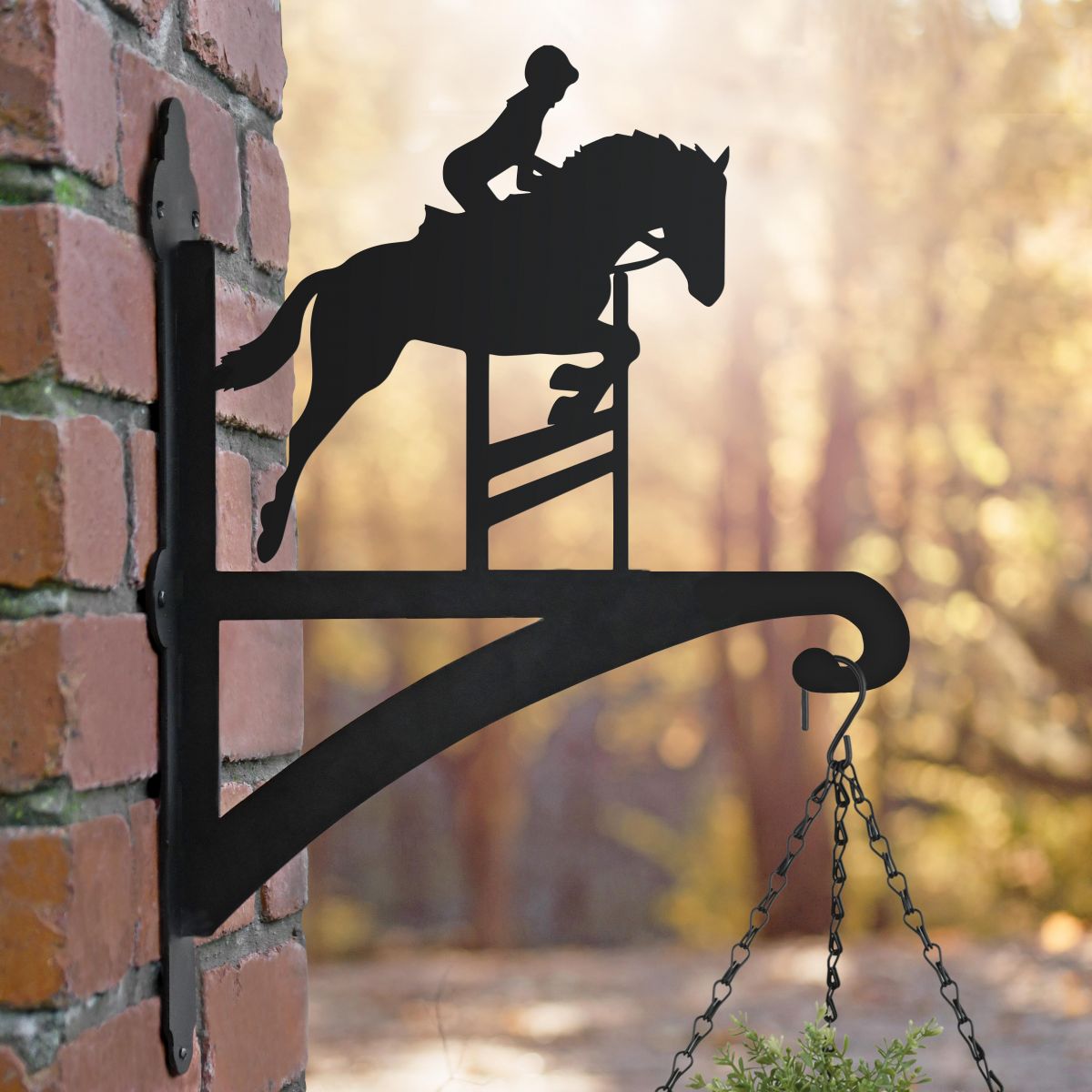 Showjumping Horse Hanging Basket Bracket in Situ on a Brick Wall