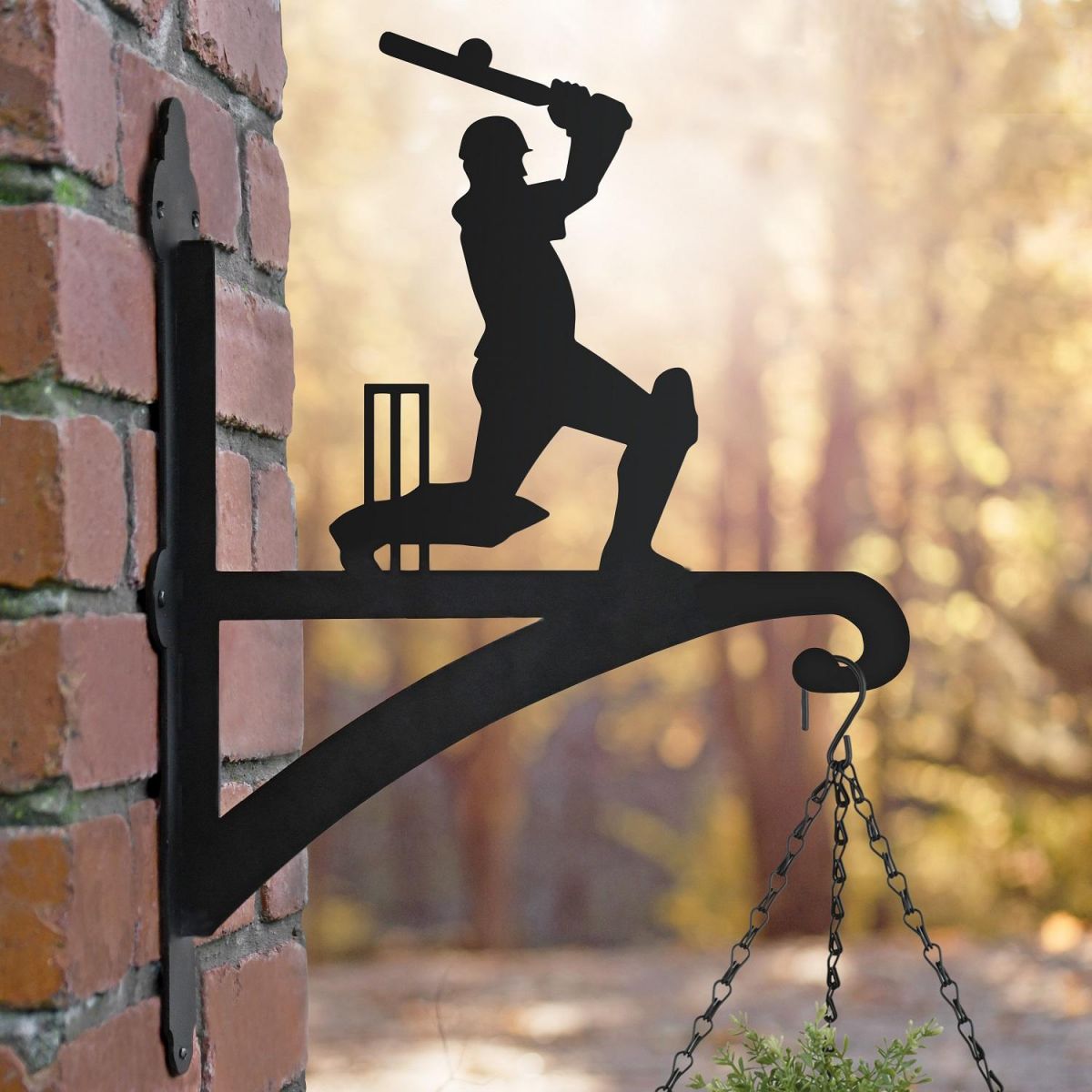 Cricket Player Hanging Basket Bracket in Situ on a Brick Wall Cricket Player Hanging Basket Bracket in Situ on a Brick Wall