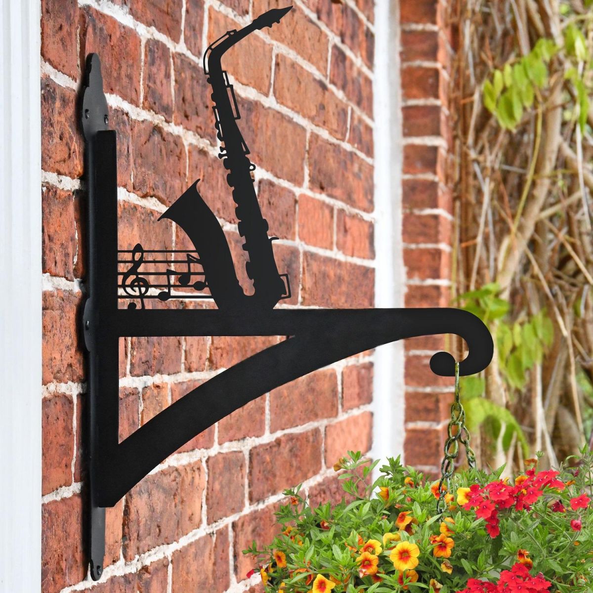 Saxophone & Music Notes Hanging Basket Bracket in Situ