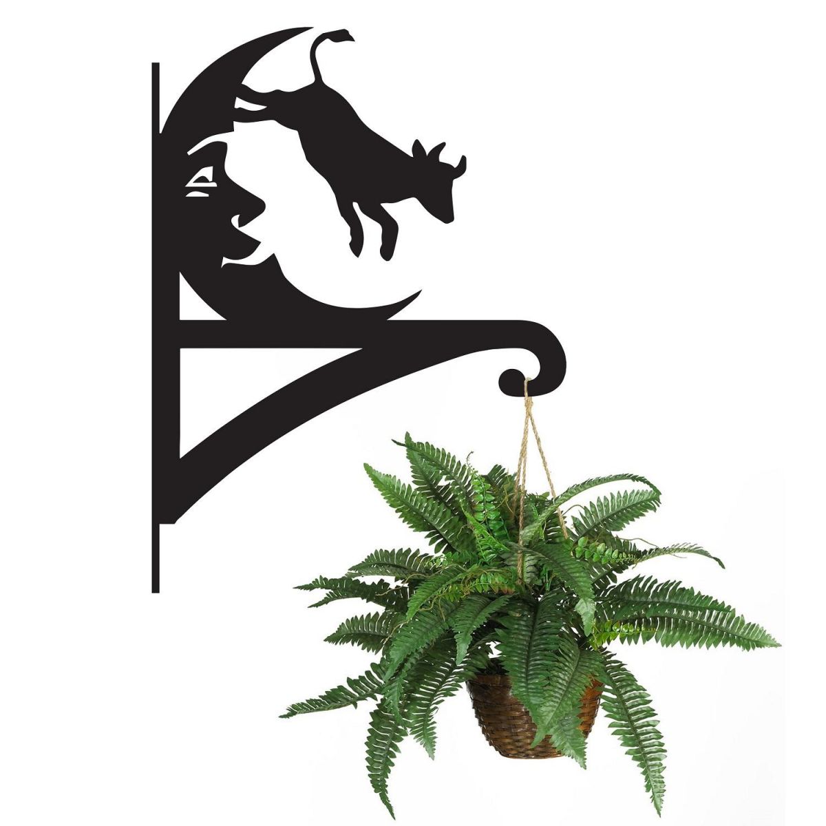 Cow Jumping Over Moon Hanging Basket Bracket Holding a Plant