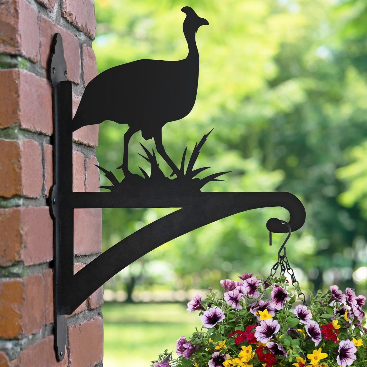 Guinea Fowl Hanging Basket Bracket in Situ on a Brick Wall
