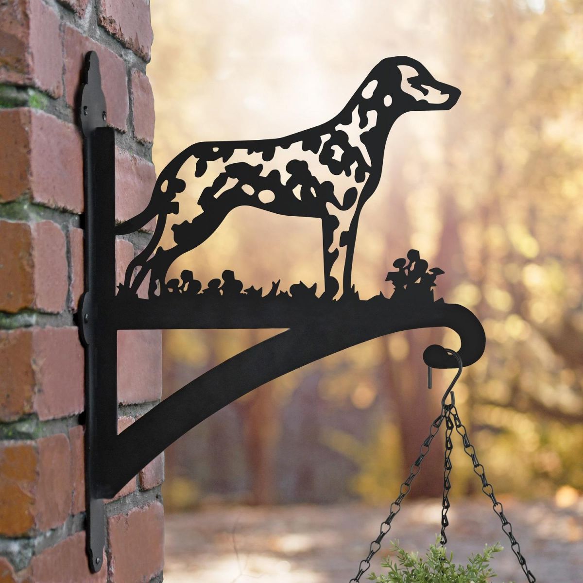 Dalmatian Dog Hanging Basket Bracket in Garden Setting 