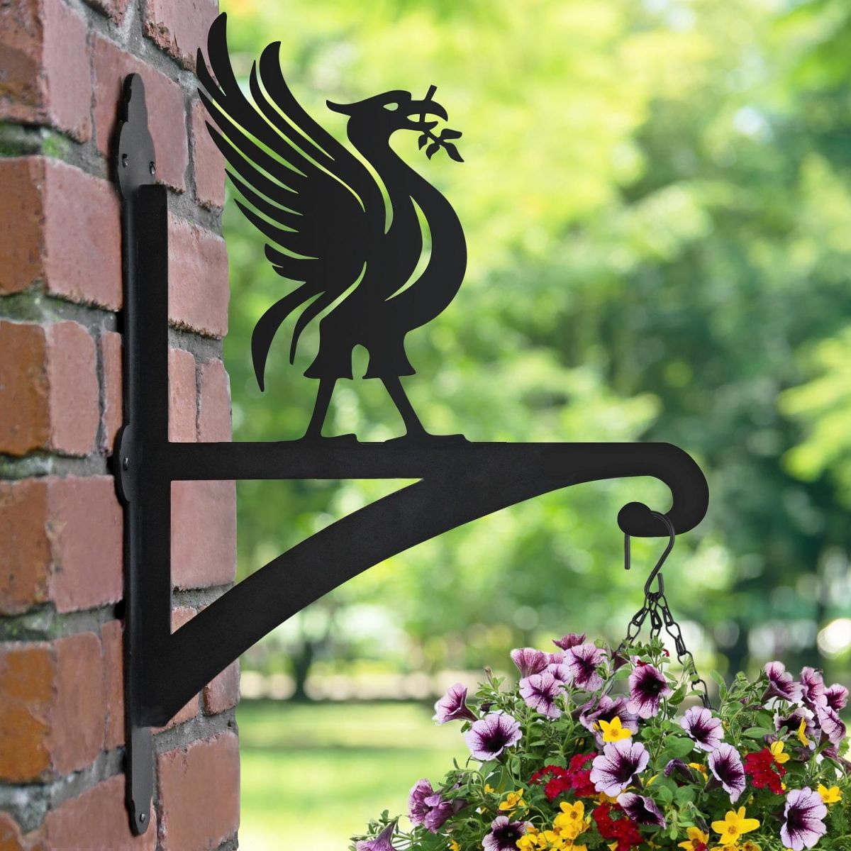Liver Bird Hanging Basket Bracket in Situ on a Brick Wall Liver Bird Hanging Basket Bracket in Situ on a Brick Wall