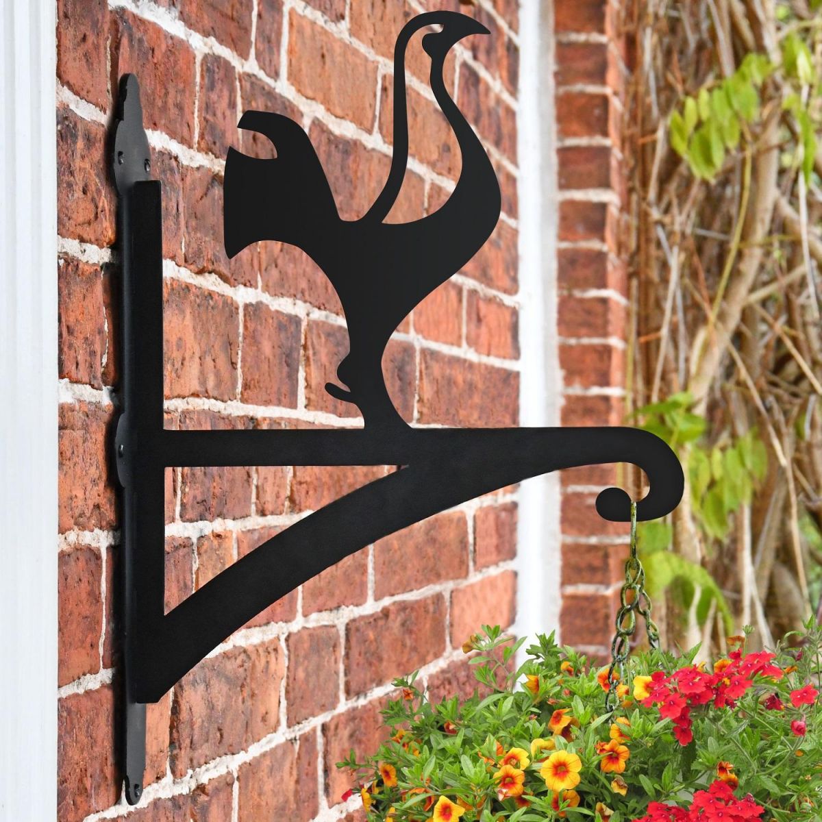 Contemporary Cockerel Bracket on Garden Shovel Hanging Basket Bracket in Situ on a Brick Wall