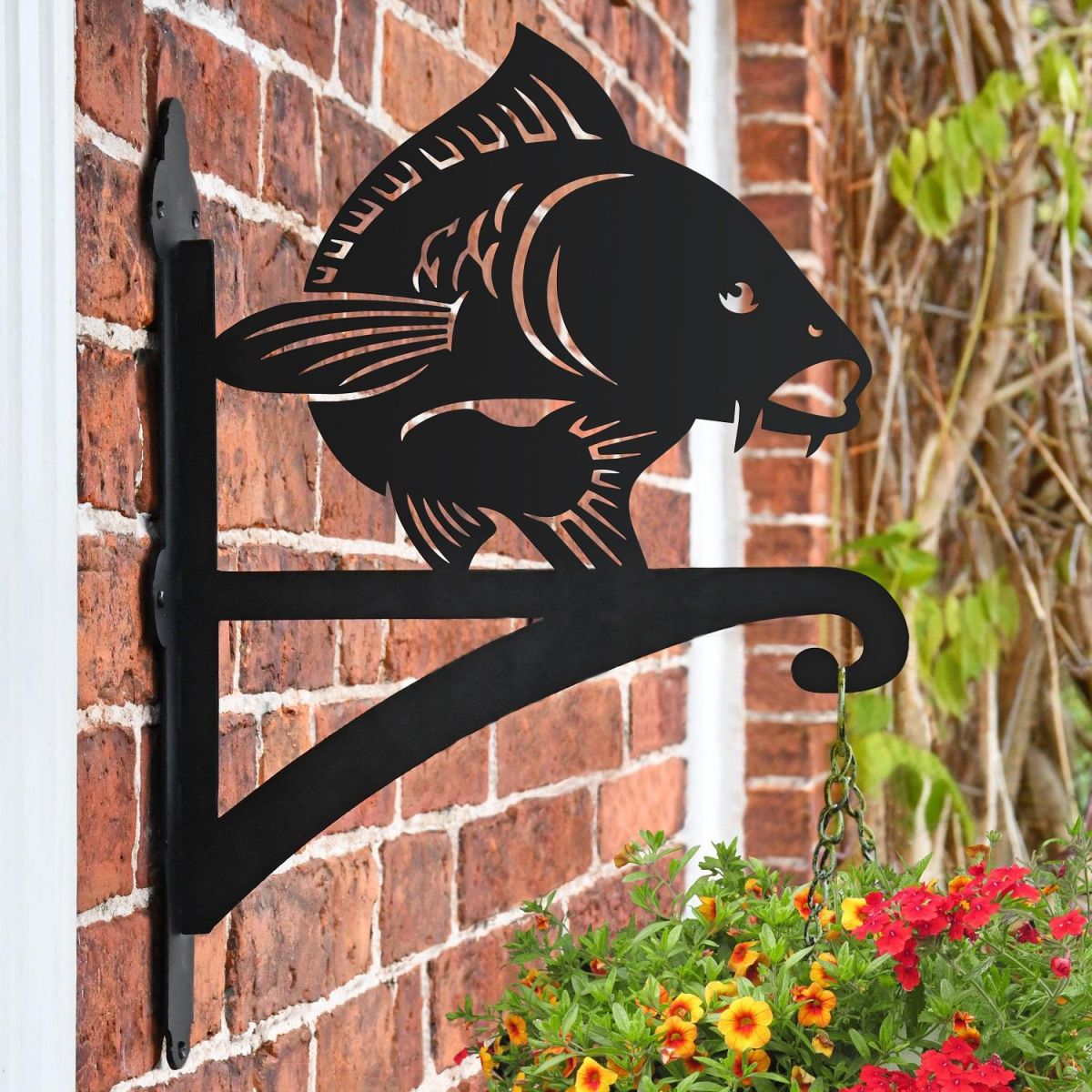 Side View of the Koi Fish Hanging Wall Bracket in Situ on a Brick Wall Side View of the Koi Fish Hanging Wall Bracket in Situ on a Brick Wall