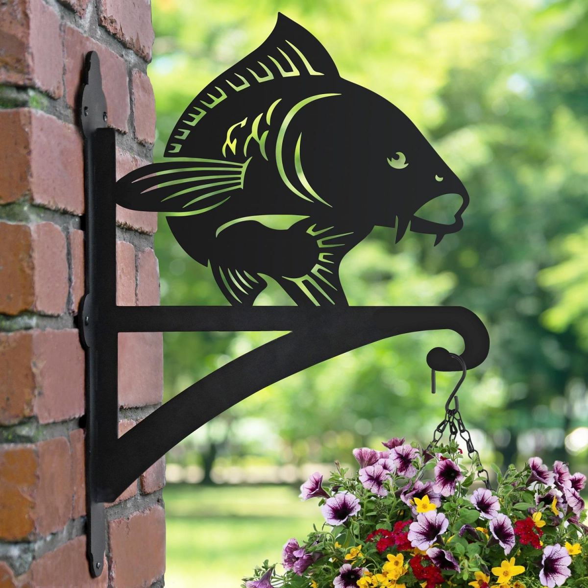 Koi Fish Hanging Basket Bracket in Garden Setting  Koi Fish Hanging Basket Bracket in Garden Setting