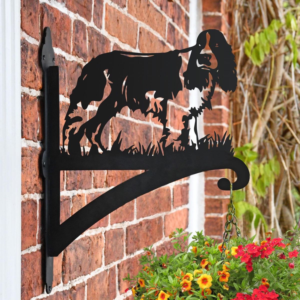 Springer Spaniel Hanging Basket Bracket on a Brick Wall