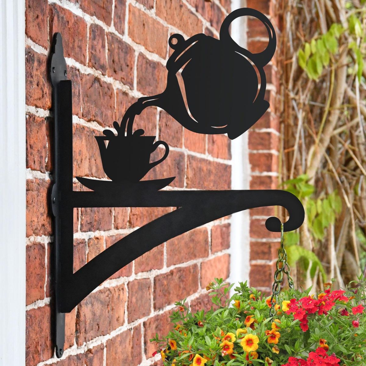 Teapot & Cup Hanging Basket Bracket in Garden