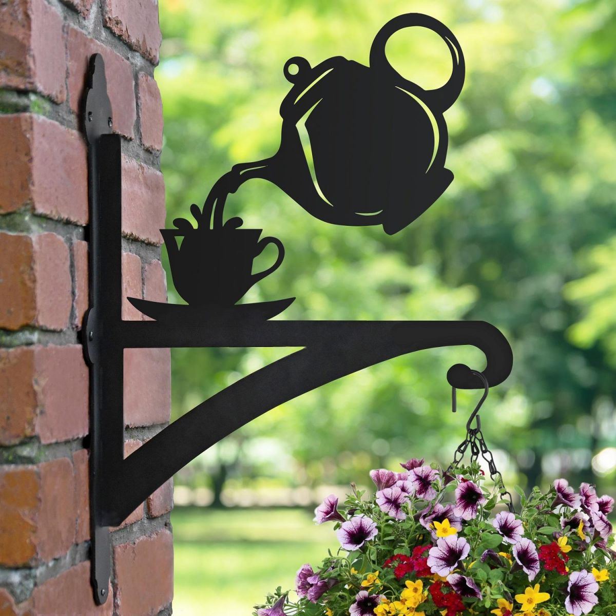 Teapot & Cup Hanging Basket Bracket in Garden Setting 
