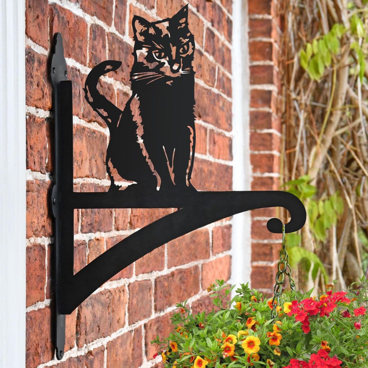 Sitting Cat Hanging Basket Bracket on a Brick Wall 